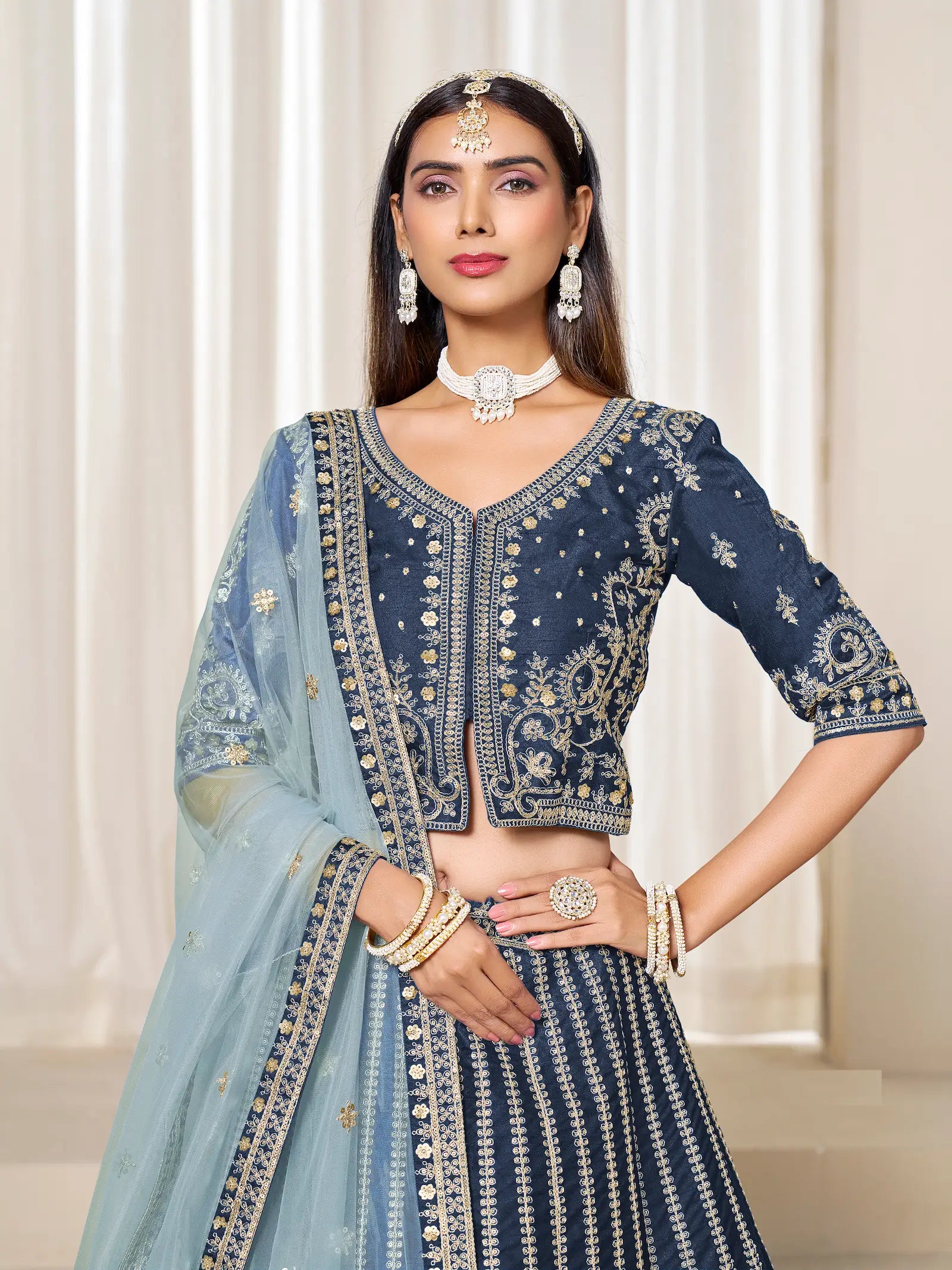 Navy Blue Art Silk Thread & Sequins Embroidery Lehenga Choli - qivii