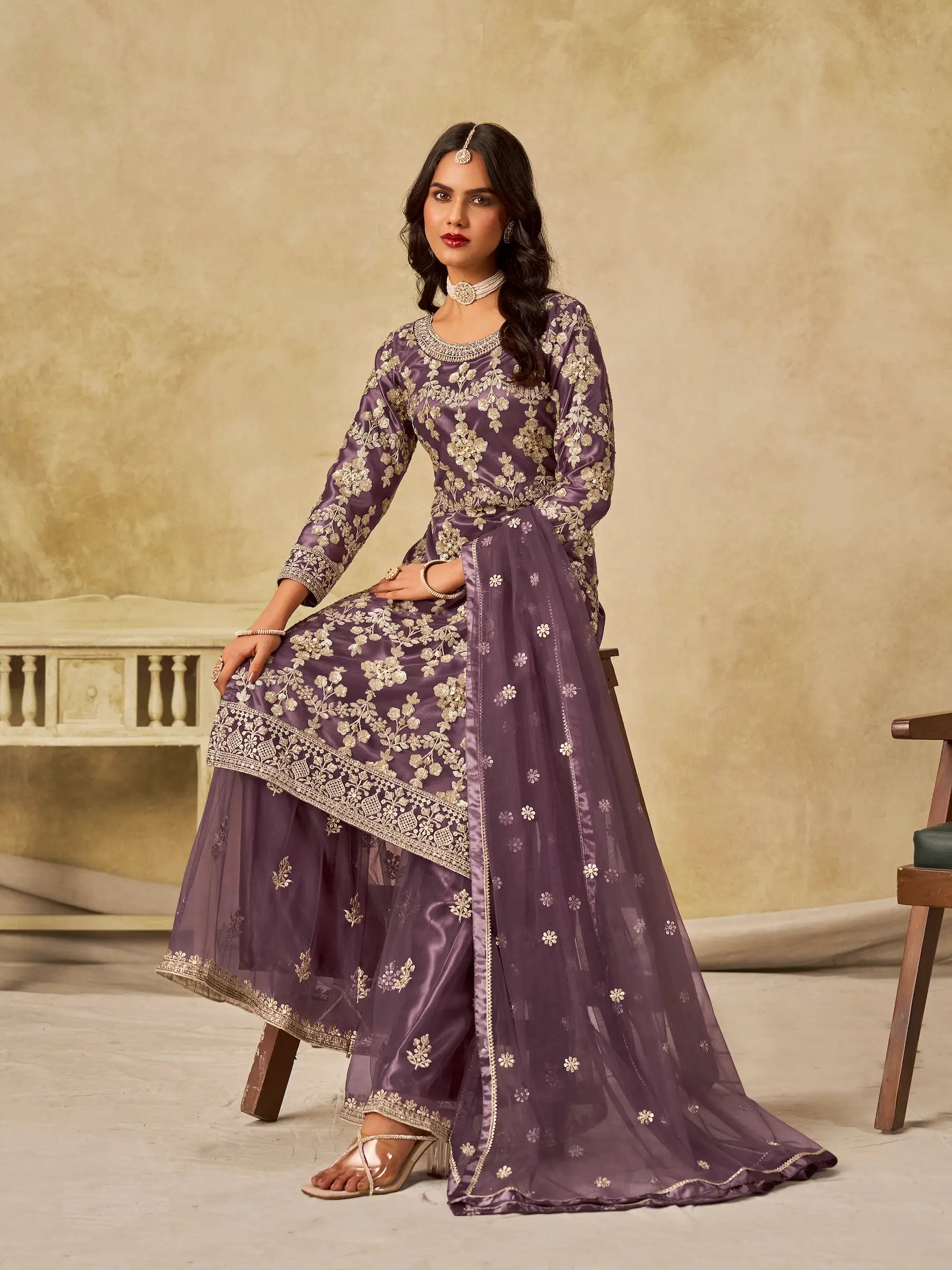 Dull Purple Net Palazzo Suit With Sequins Embroidery - qivii