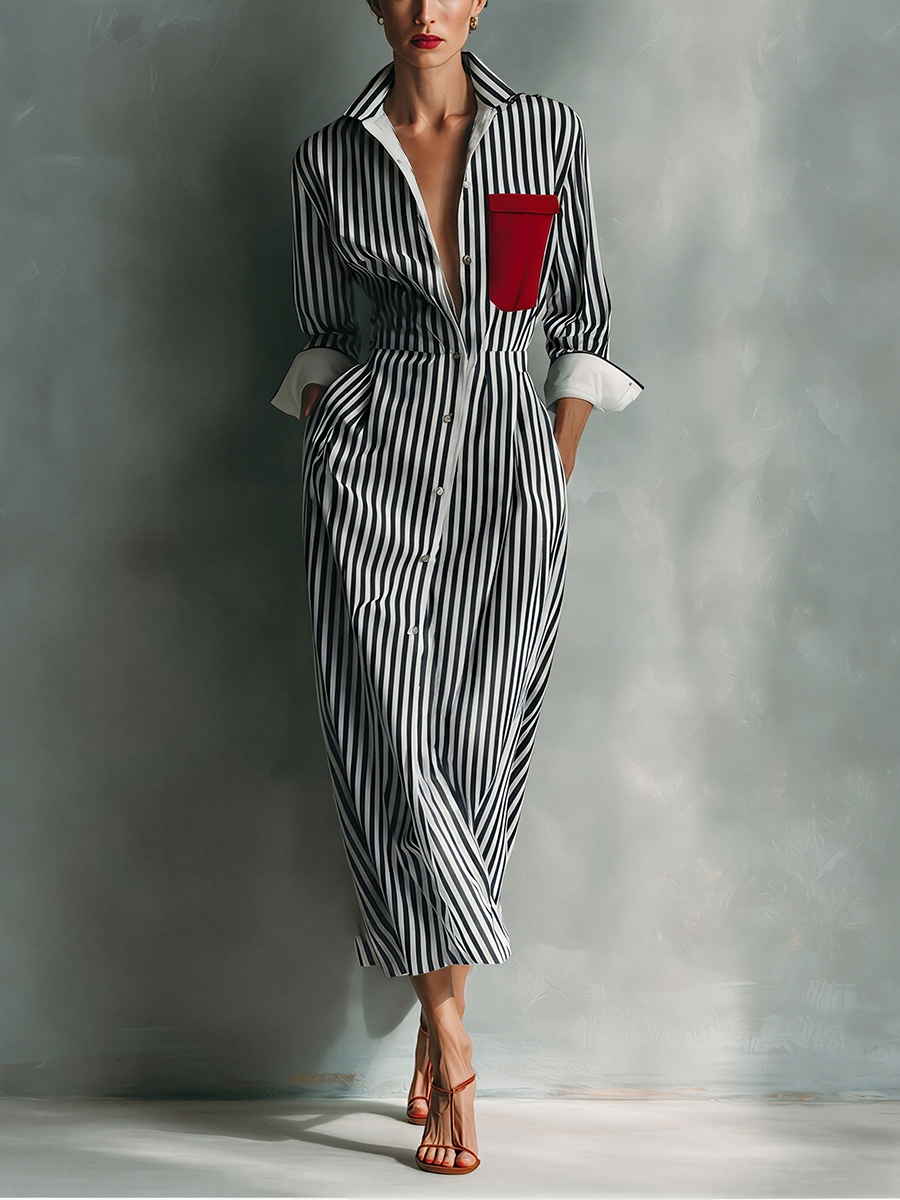 Women's Blue And White Cotton Striped Shirt Dress With Red Chest Pocket MDZ1286C2T
