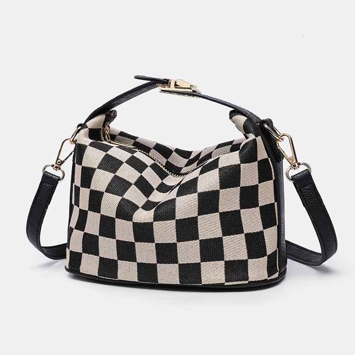 Ounamei Checkered Canvas Handbag with Leather Trim | Top Handle Shoulder & Crossbody Mini Box Bag