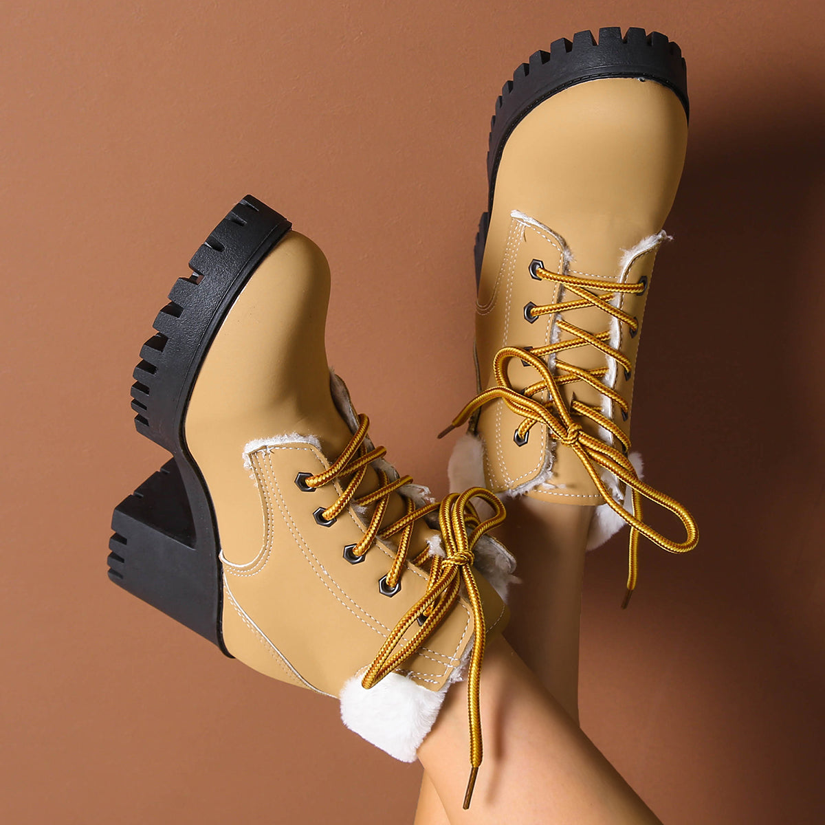 Women's Frosted Plush Combat Boot - Winter Lace-Up Ankle Boots with Block Heel & Commuter-Ready Grip (US 4-10)