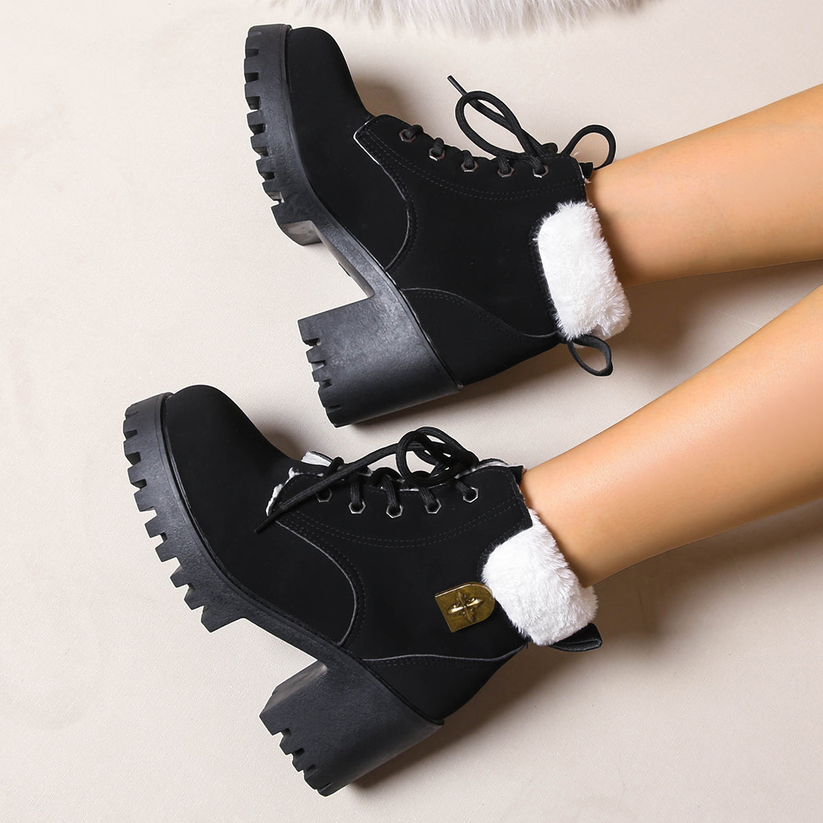 Women's Frosted Plush Combat Boot - Winter Lace-Up Ankle Boots with Block Heel & Commuter-Ready Grip (US 4-10)