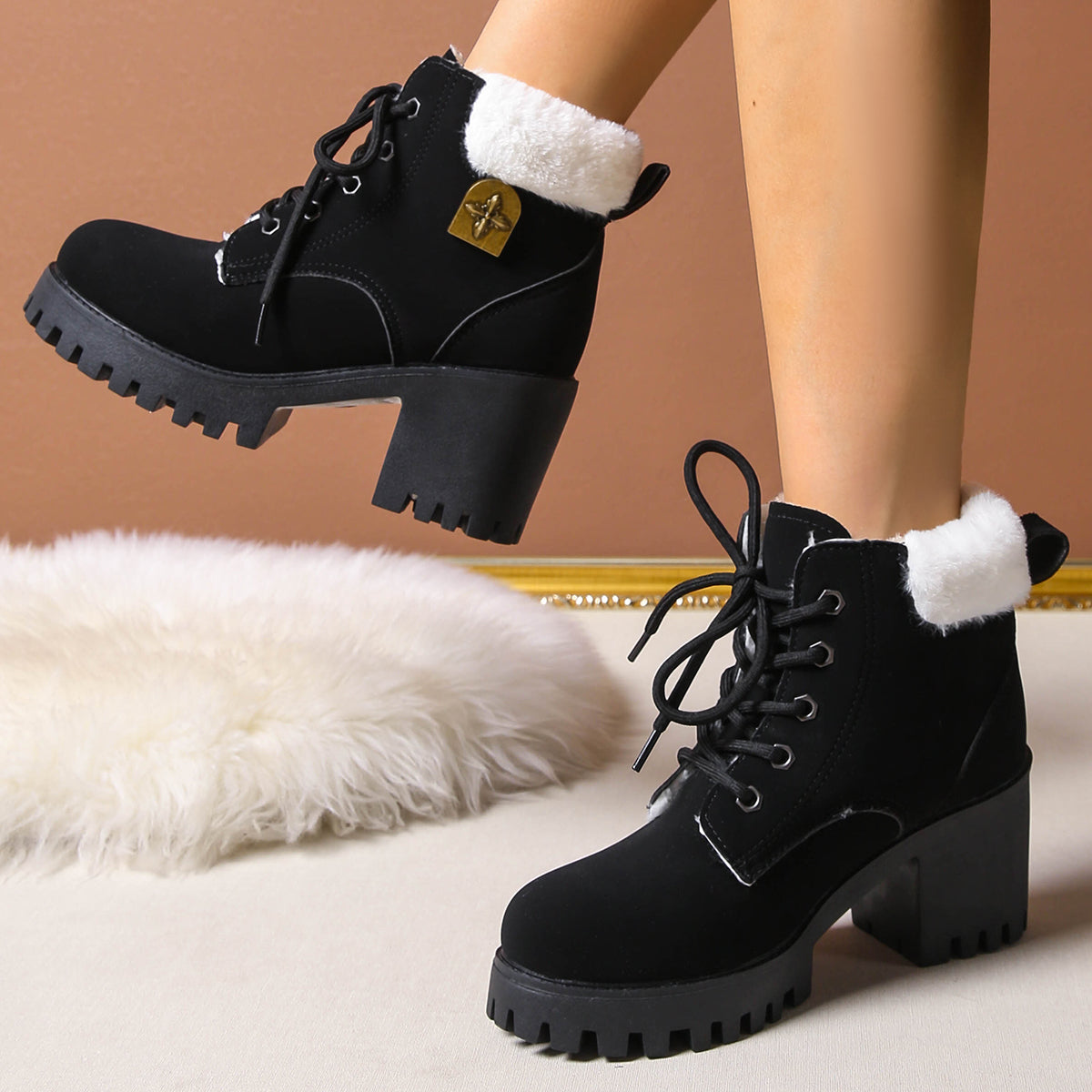 Women's Frosted Plush Combat Boot - Winter Lace-Up Ankle Boots with Block Heel & Commuter-Ready Grip (US 4-10)