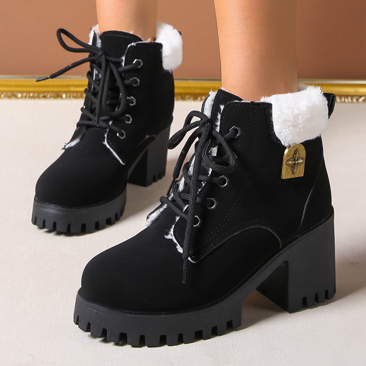 Women's Frosted Plush Combat Boot - Winter Lace-Up Ankle Boots with Block Heel & Commuter-Ready Grip (US 4-10)