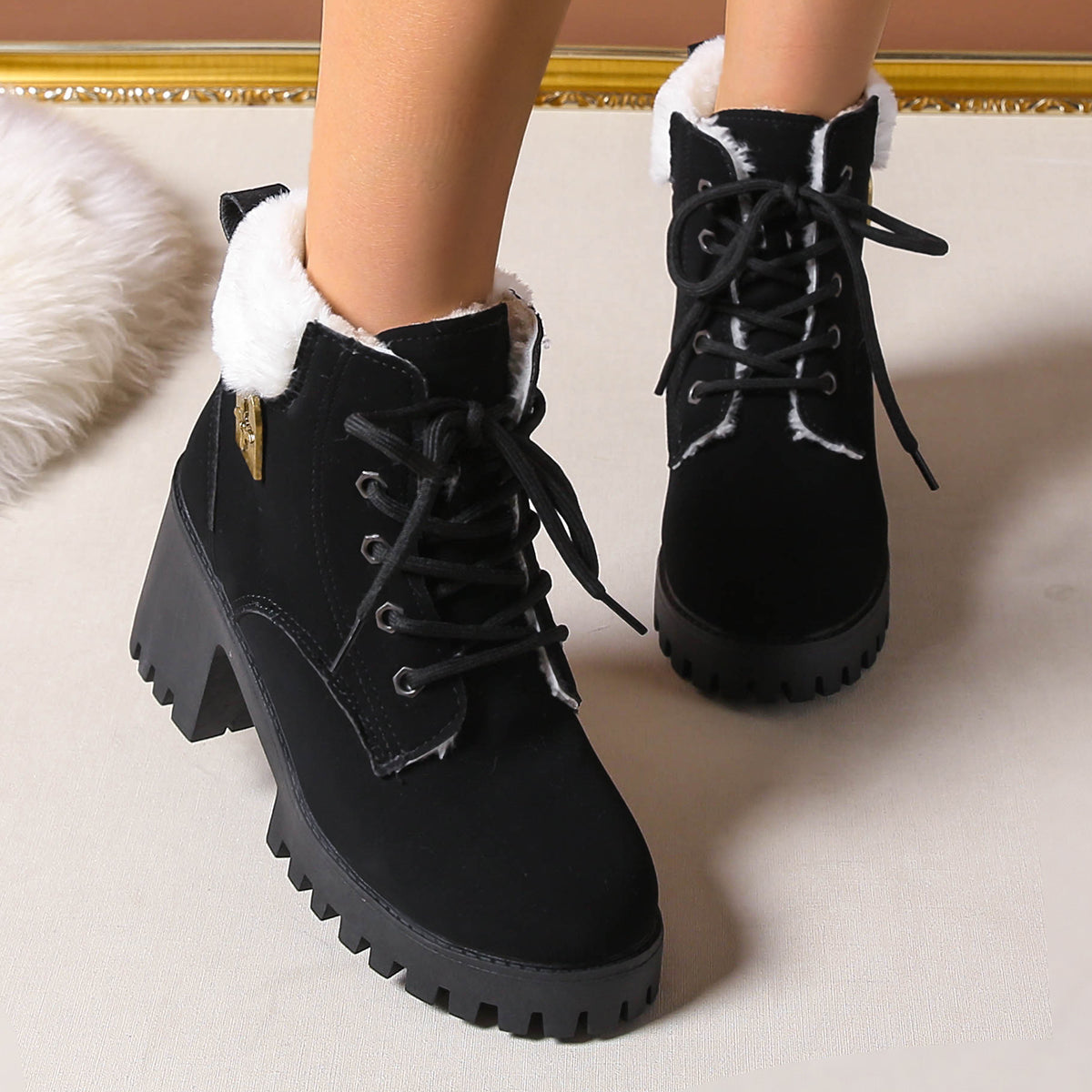 Women's Frosted Plush Combat Boot - Winter Lace-Up Ankle Boots with Block Heel & Commuter-Ready Grip (US 4-10)