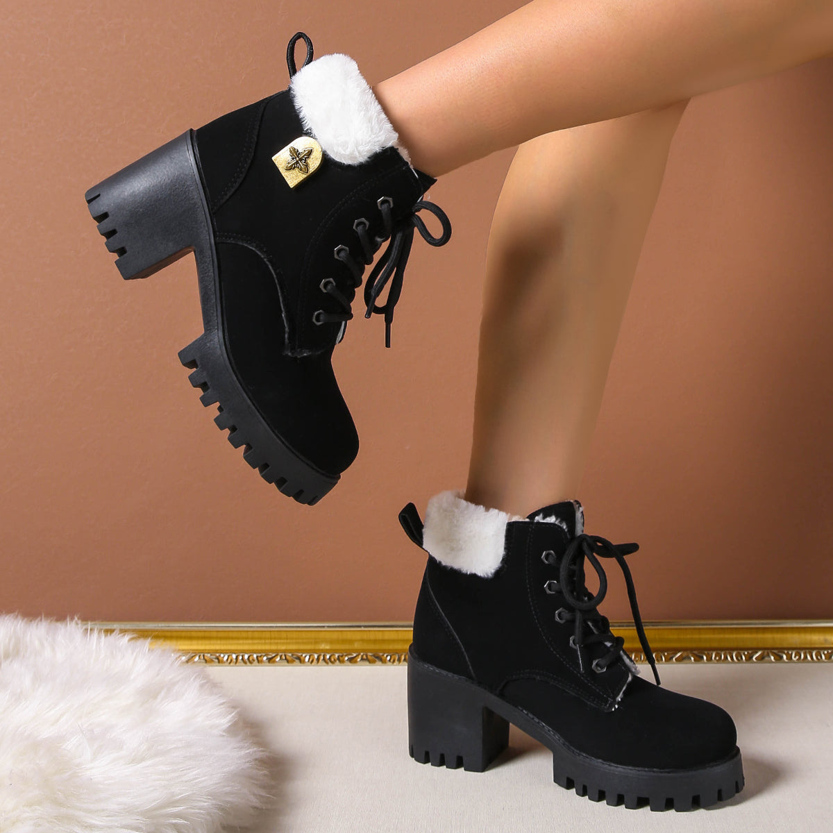 Women's Frosted Plush Combat Boot - Winter Lace-Up Ankle Boots with Block Heel & Commuter-Ready Grip (US 4-10)