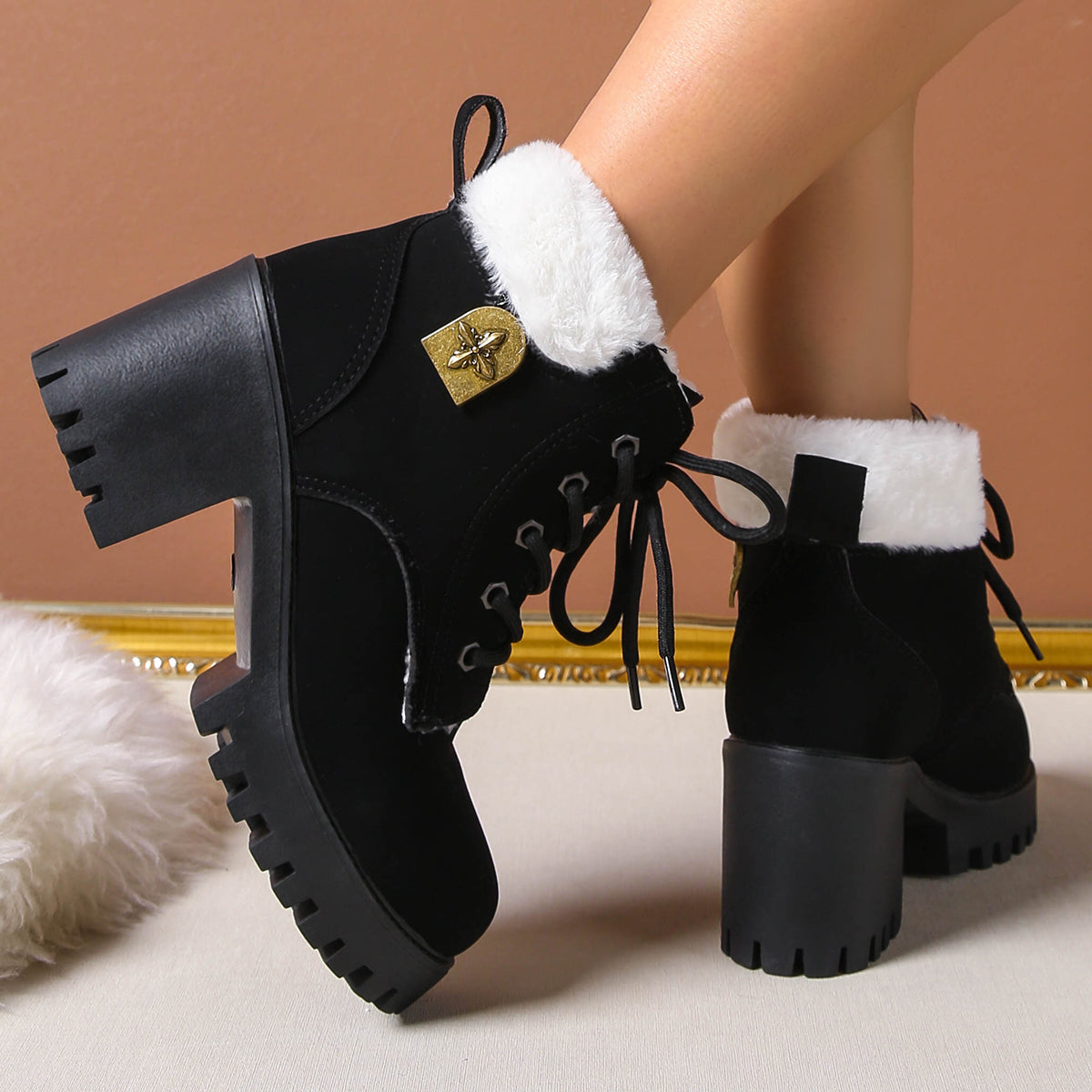 Women's Frosted Plush Combat Boot - Winter Lace-Up Ankle Boots with Block Heel & Commuter-Ready Grip (US 4-10)