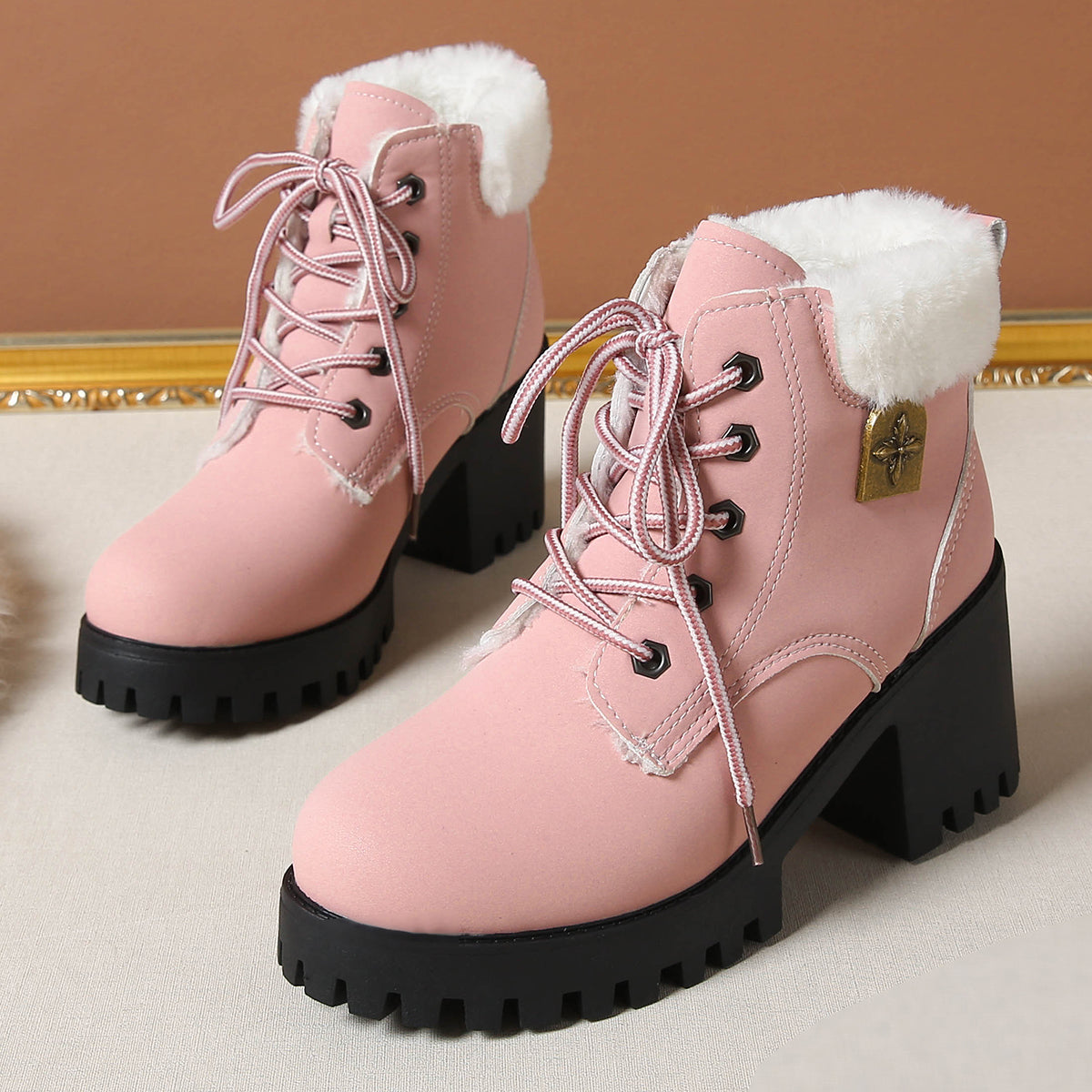 Women's Frosted Plush Combat Boot - Winter Lace-Up Ankle Boots with Block Heel & Commuter-Ready Grip (US 4-10)