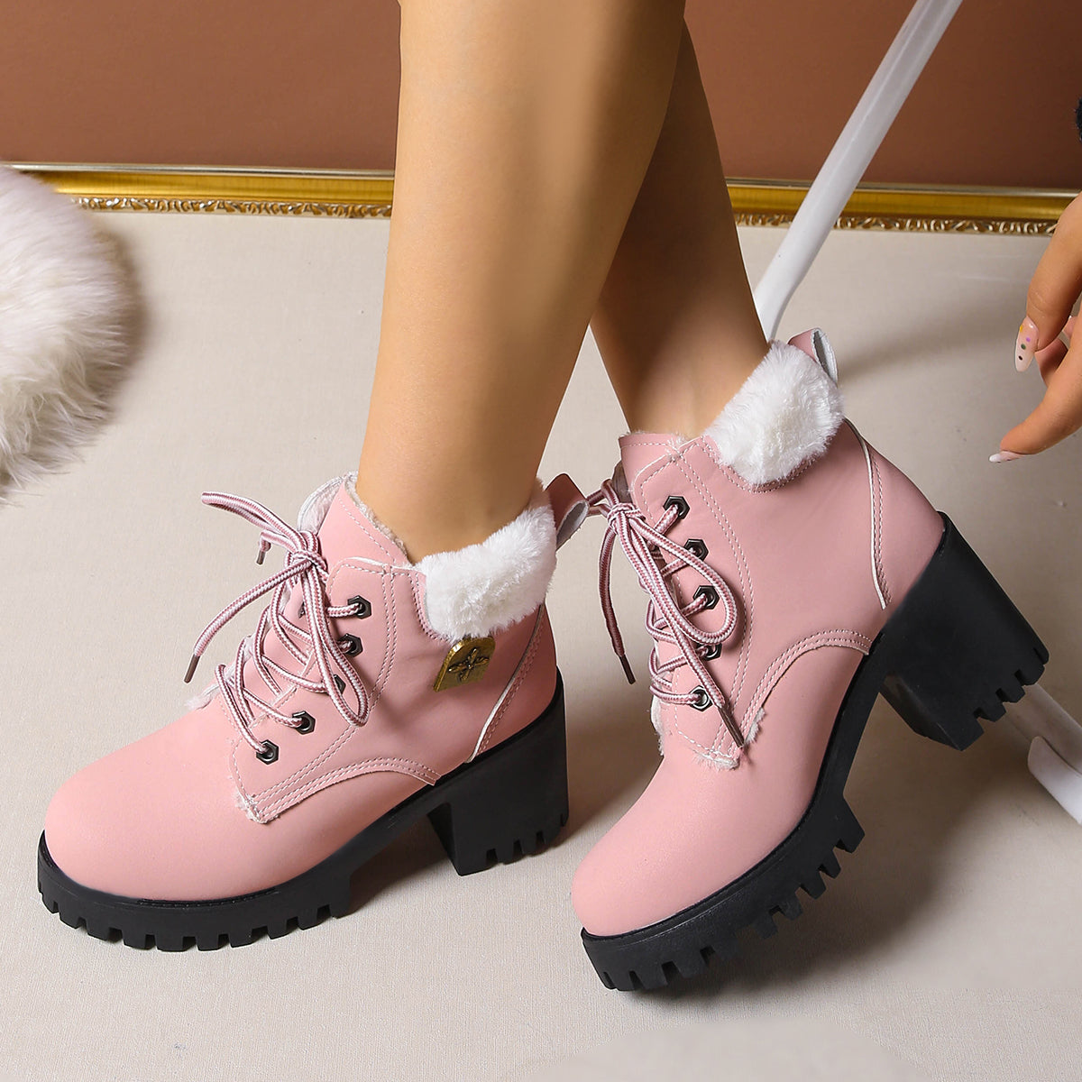 Women's Frosted Plush Combat Boot - Winter Lace-Up Ankle Boots with Block Heel & Commuter-Ready Grip (US 4-10)