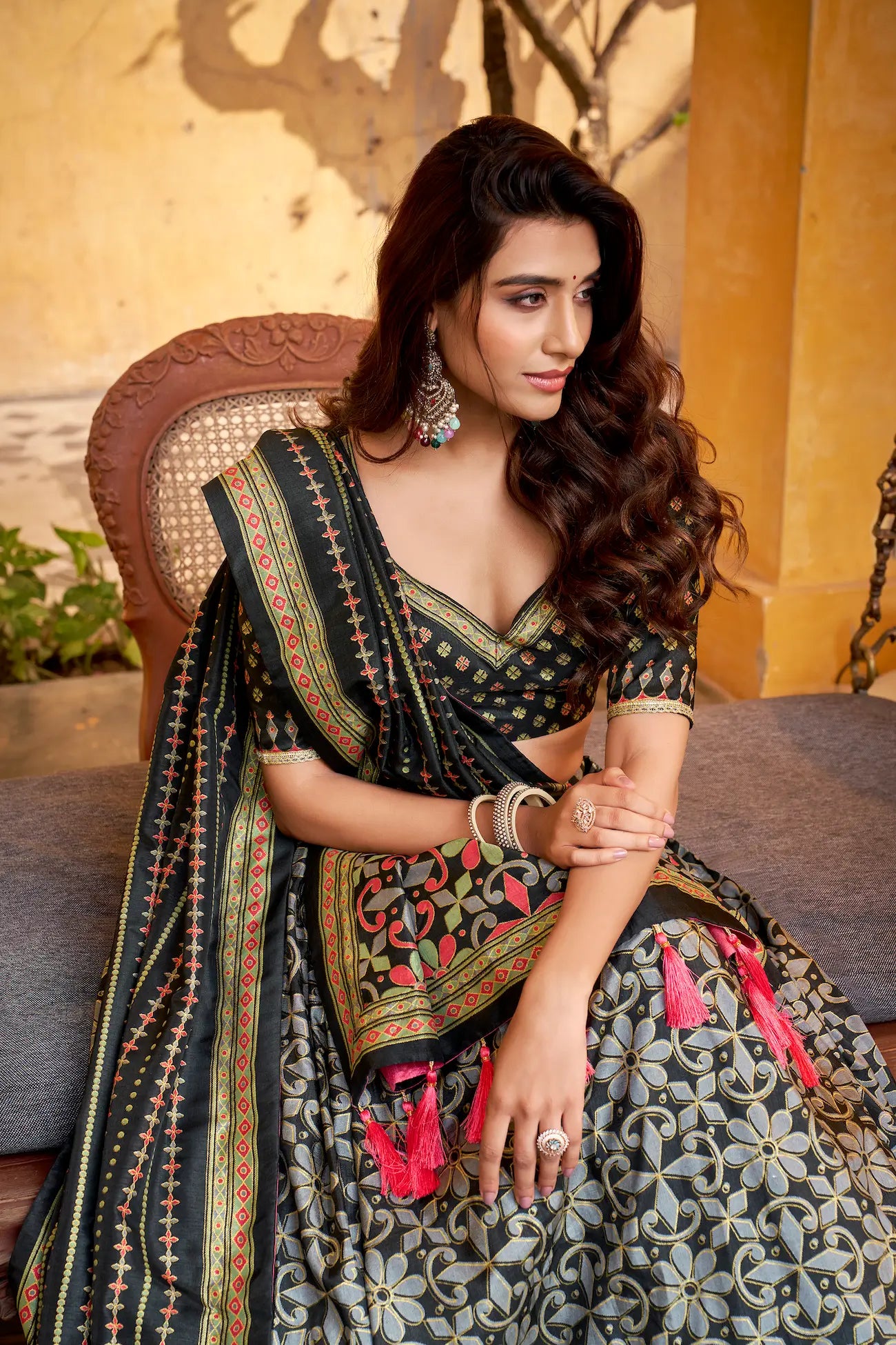 Smoky Black Tasar Silk Lehenga Choli With Saprkle Details