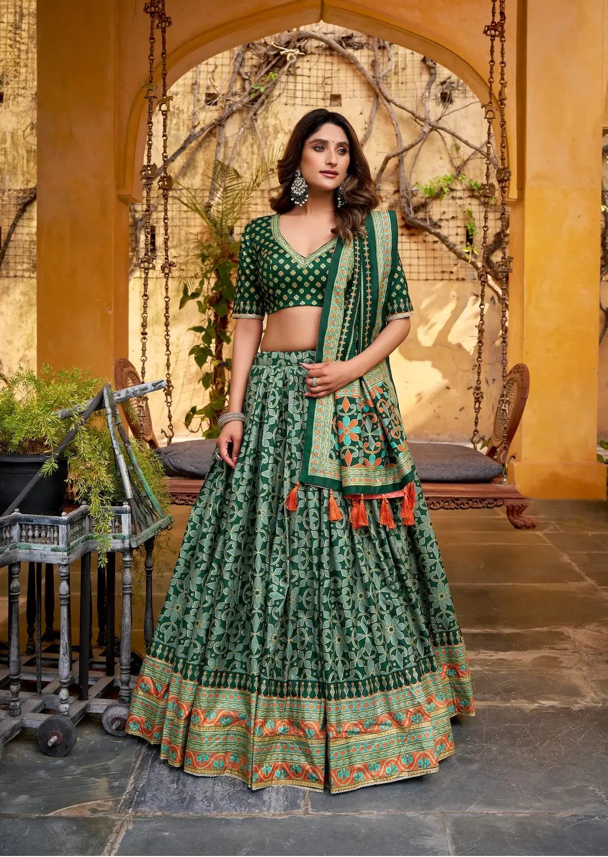 Deep Green Tasar Silk Lehenga Choli With Saprkle Details