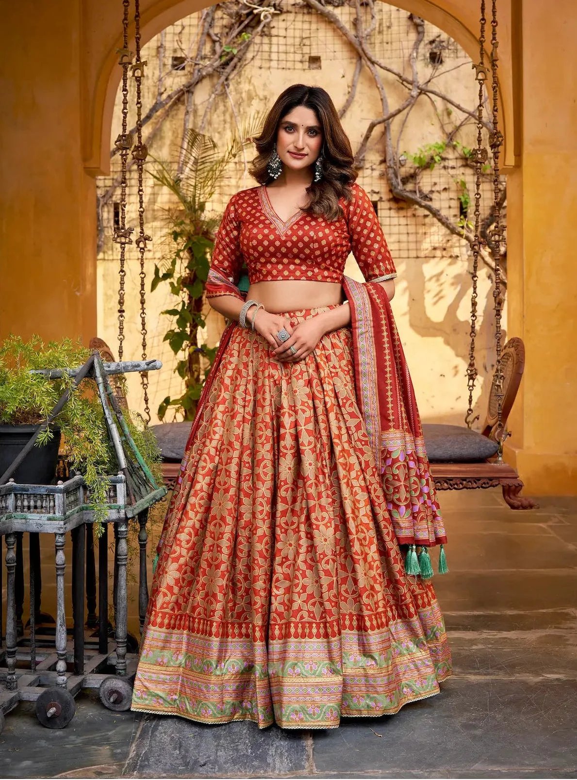 Rust Orange Tasar Silk Lehenga Choli With Saprkle Details