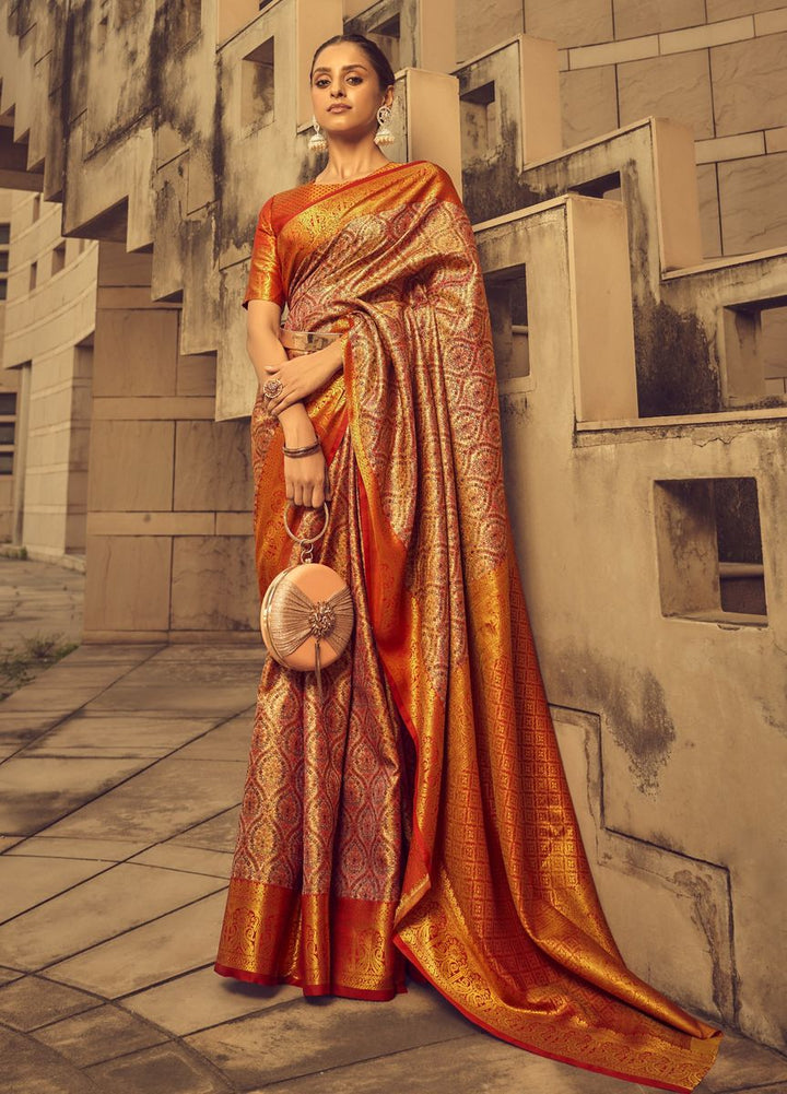 Orange Banarasi Silk Weaved Zari Traditional Saree