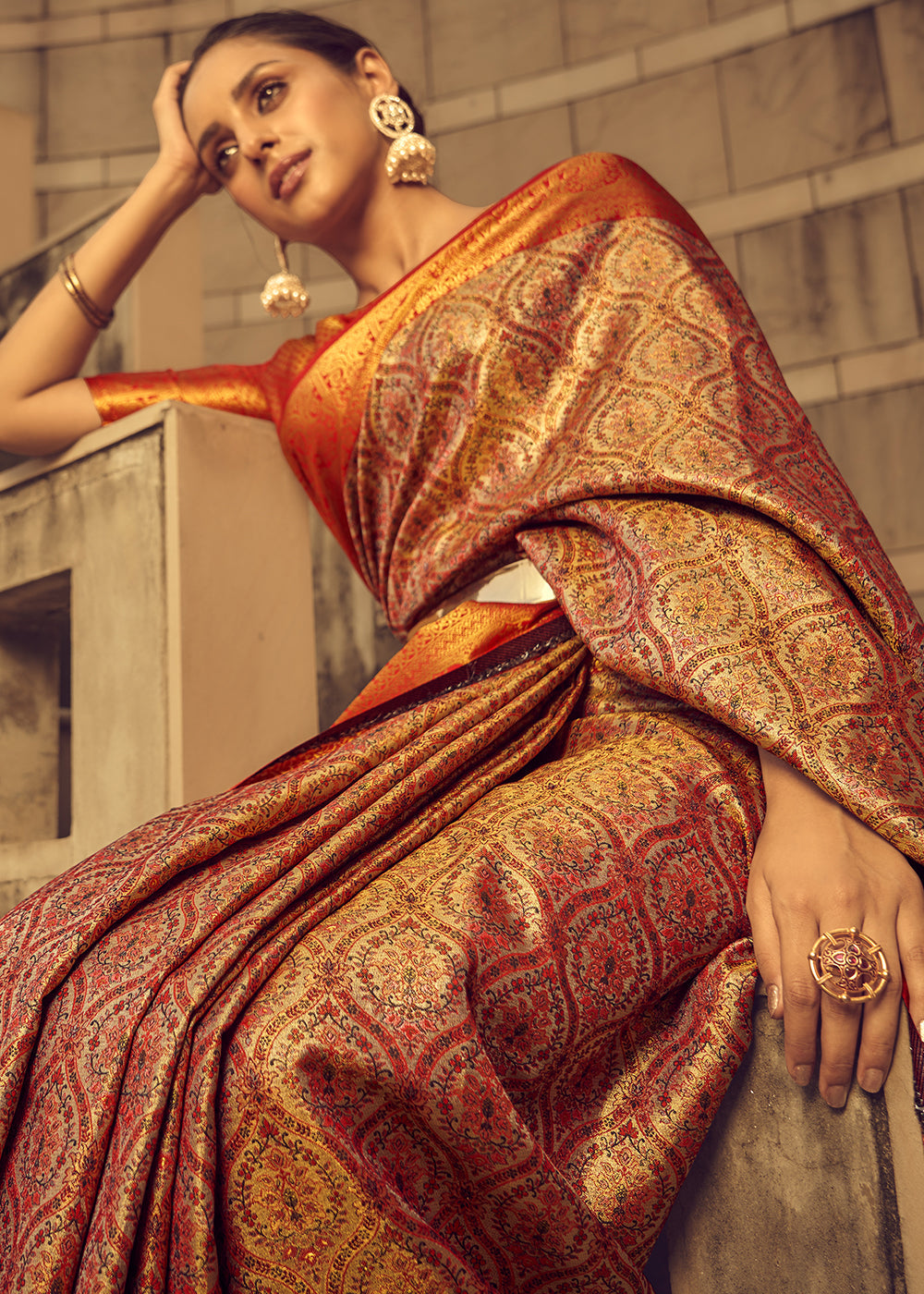 Shades Of Orange Zari Woven Banarasi Silk Saree - qivii