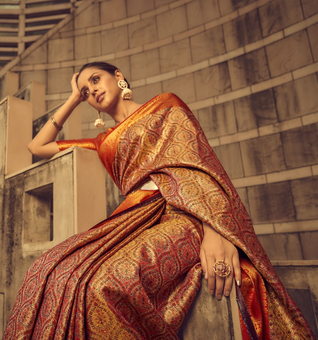 Orange Banarasi Silk Weaved Zari Traditional Saree