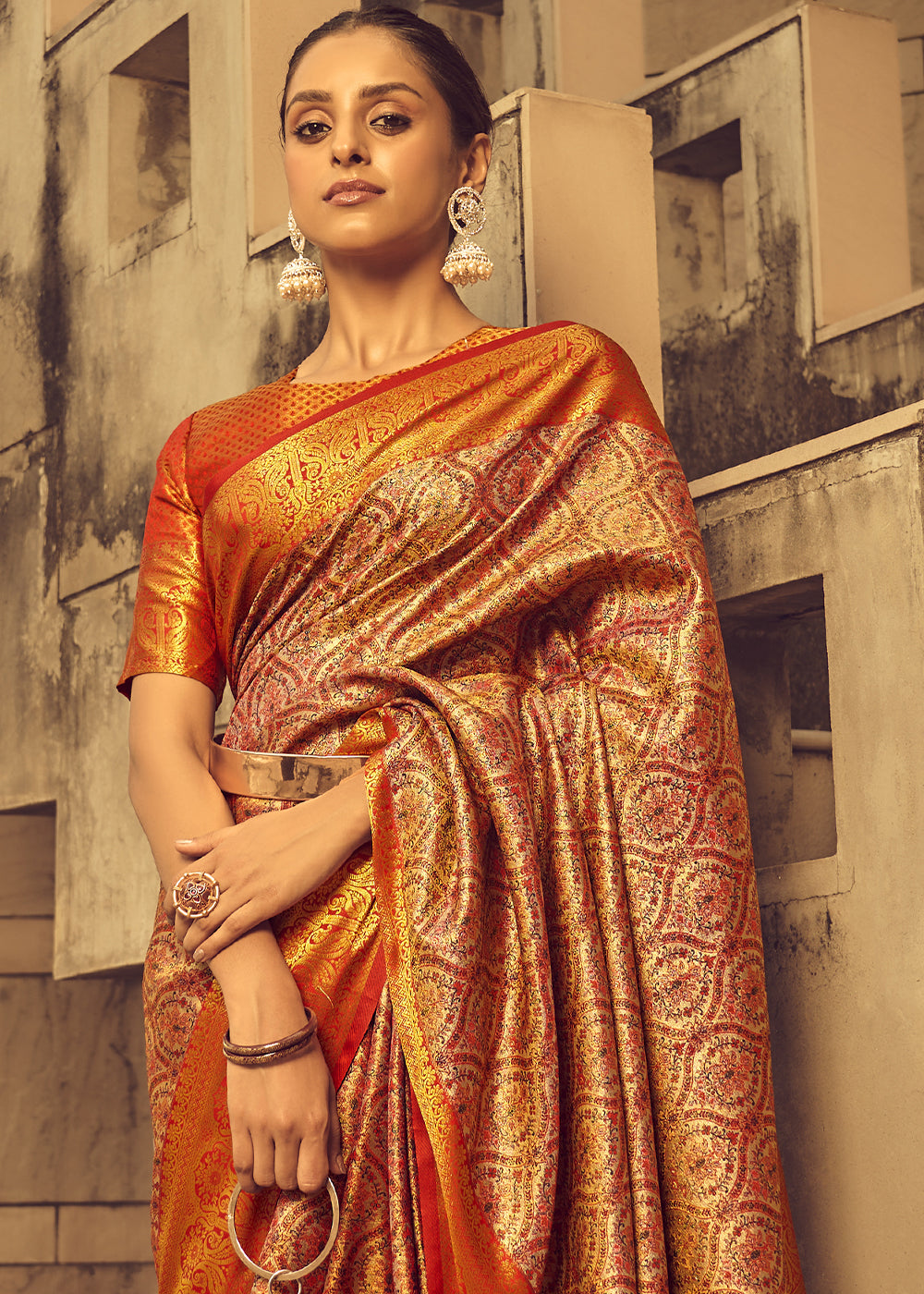Shades Of Orange Zari Woven Banarasi Silk Saree - qivii
