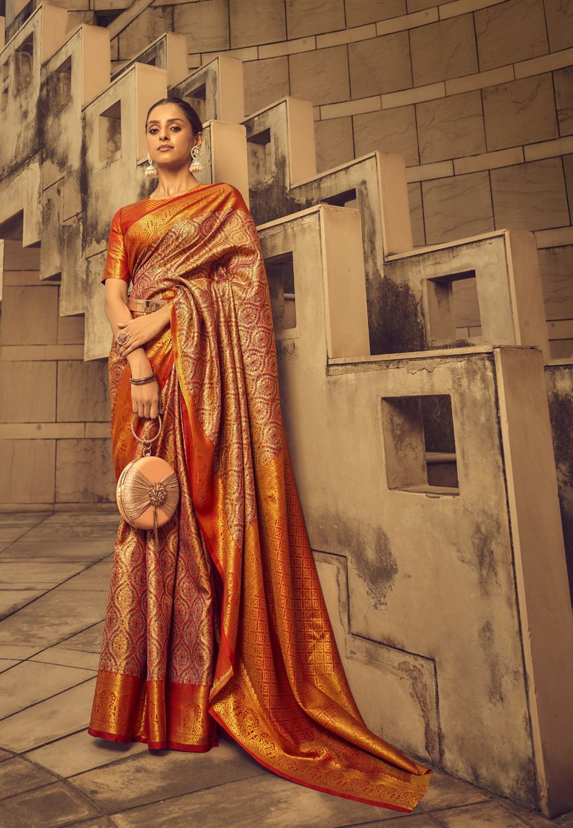 Orange Banarasi Silk Weaved Zari Traditional Saree