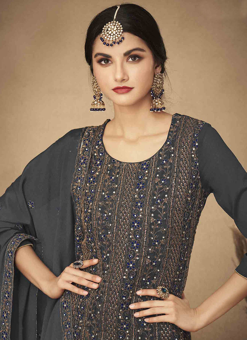 Dark Grey Embroidery Traditional Salwar Suit