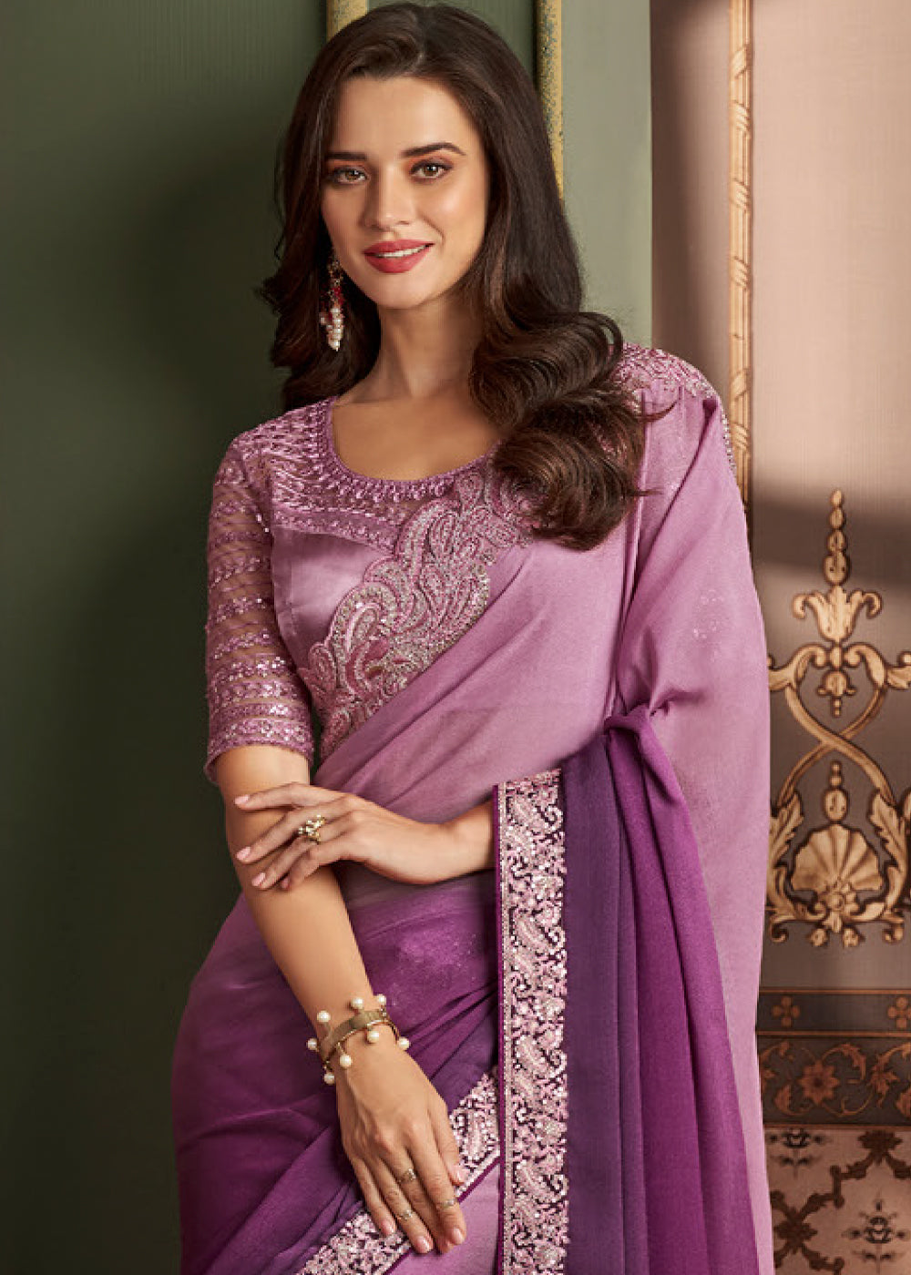 Shades Of Purple Designer Embroidered Silk Saree