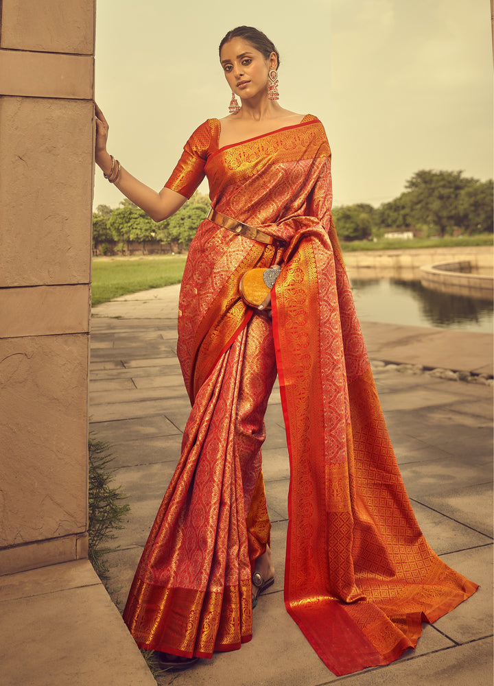 Orange Shade Banarasi Silk Weaved Zari Traditional Saree