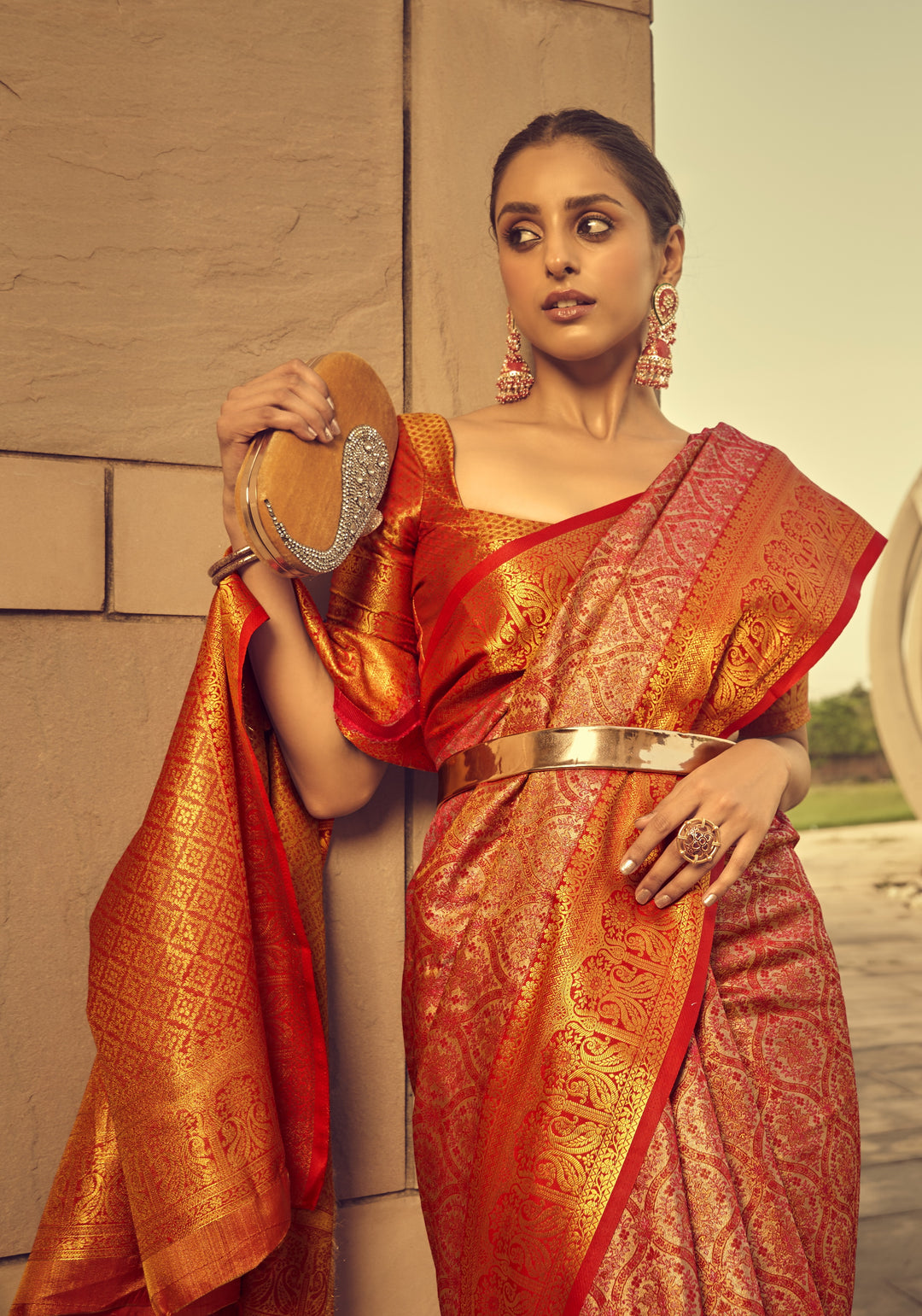 Orange Shade Banarasi Silk Weaved Zari Traditional Saree