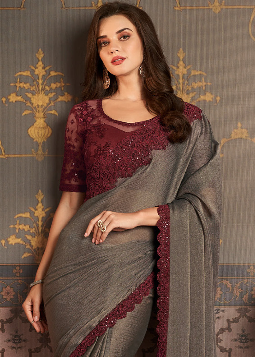 Ash Grey Designer Embroidered Silk Saree