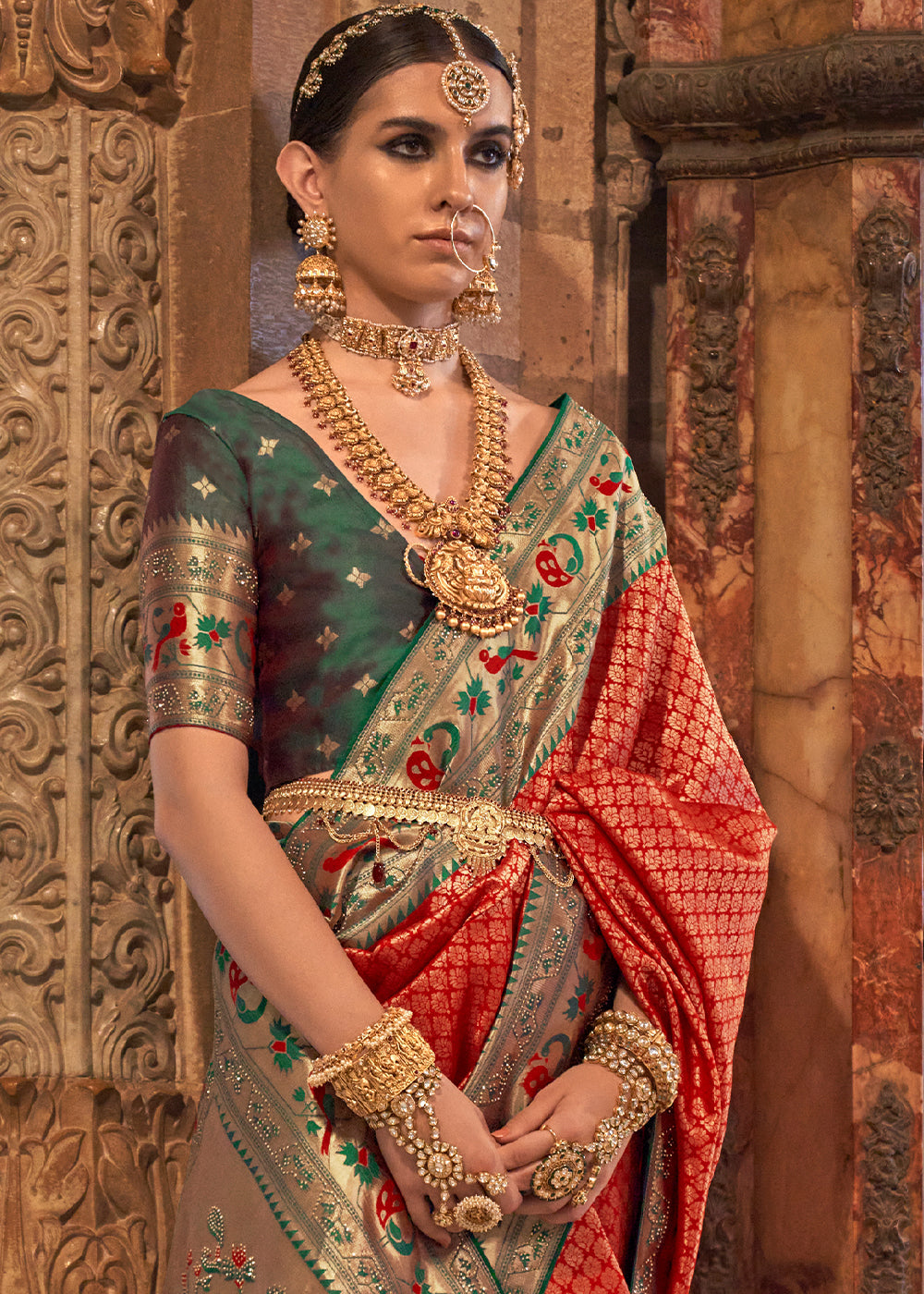 Persian Red Jacquard Woven Banarasi Silk Saree with Stone Work