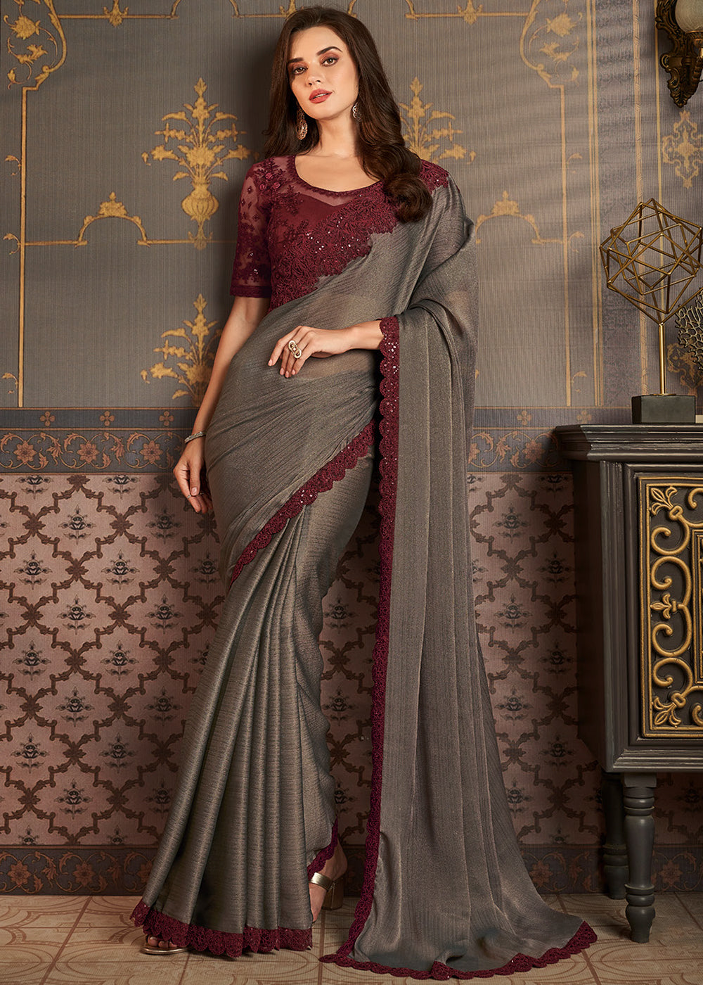 Ash Grey Designer Embroidered Silk Saree - qivii