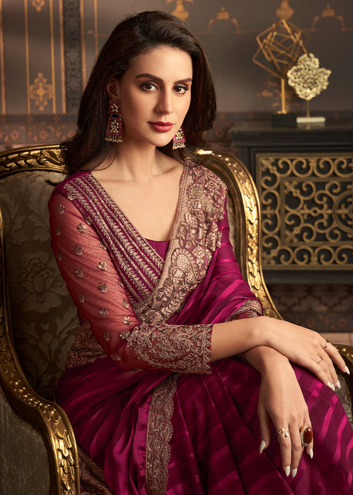 Magenta Purple Designer Embroidered Silk Saree