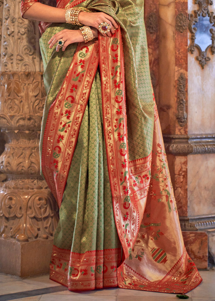 Light Green Jacquard Woven Banarasi Silk Saree with Stone Work