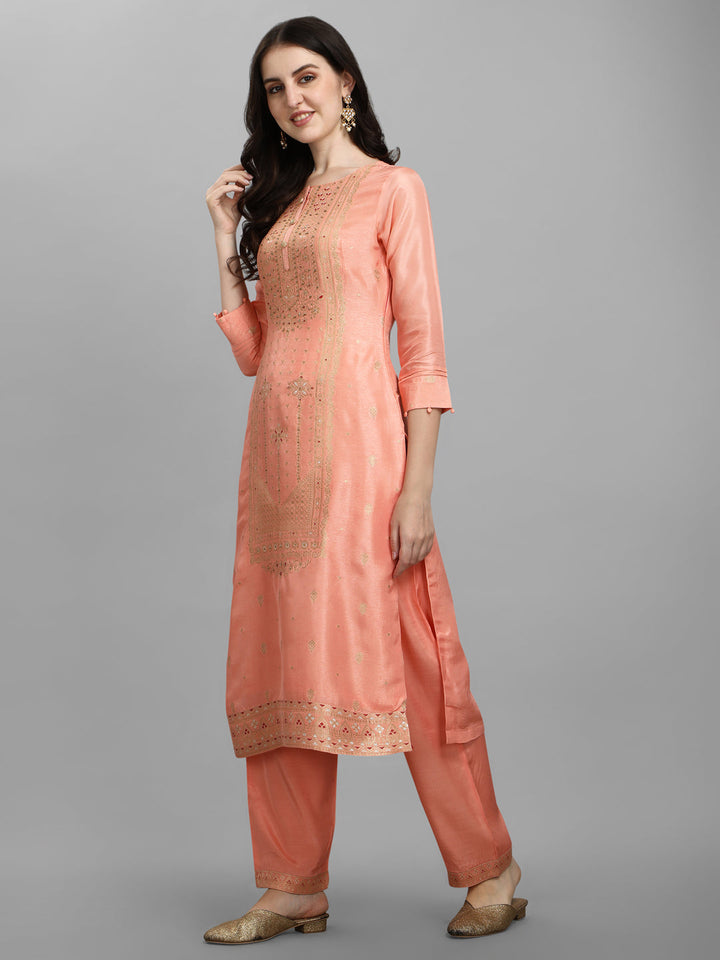 Peach Jacquard Bandhani Kurta by Qivii