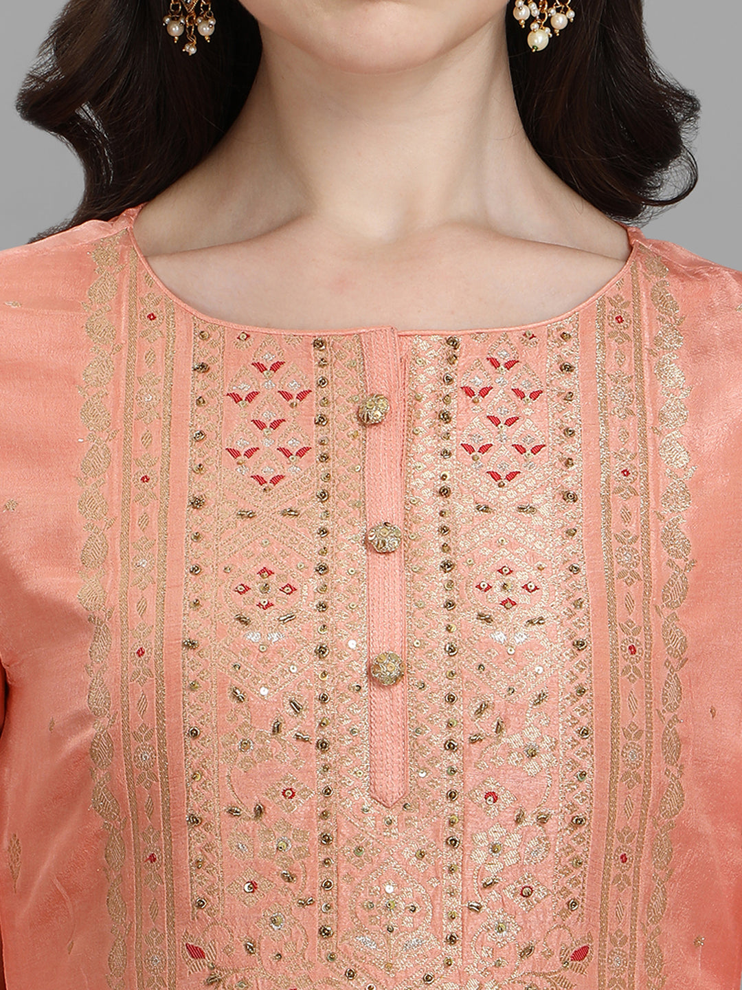 Peach Jacquard Bandhani Kurta by Qivii