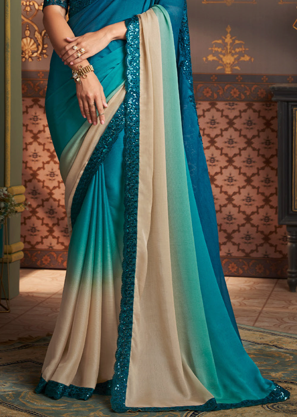 Blue & White Shaded Designer Embroidered  Silk Saree