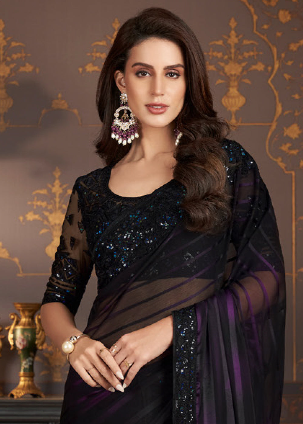 Shades Of Purple Designer Embroidered Silk Saree