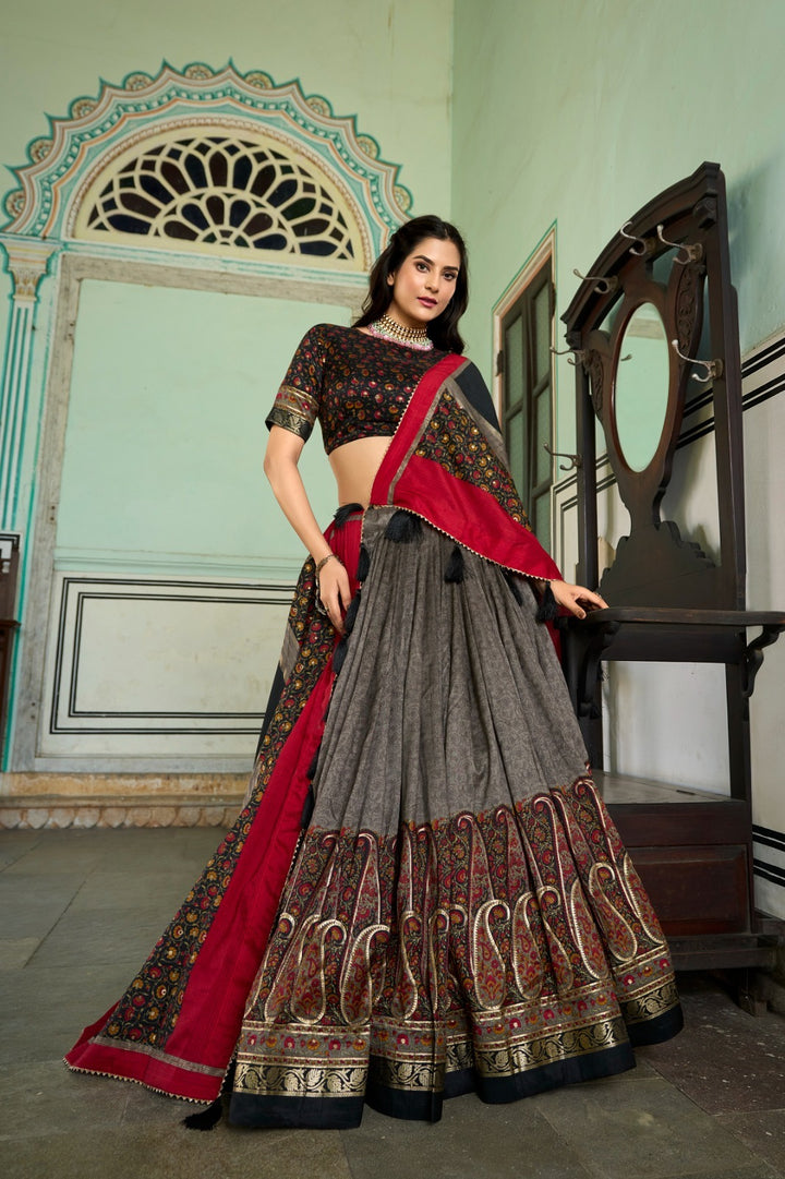 Grey Tussar Silk Kashmiri Print With Foil Print Lehenga