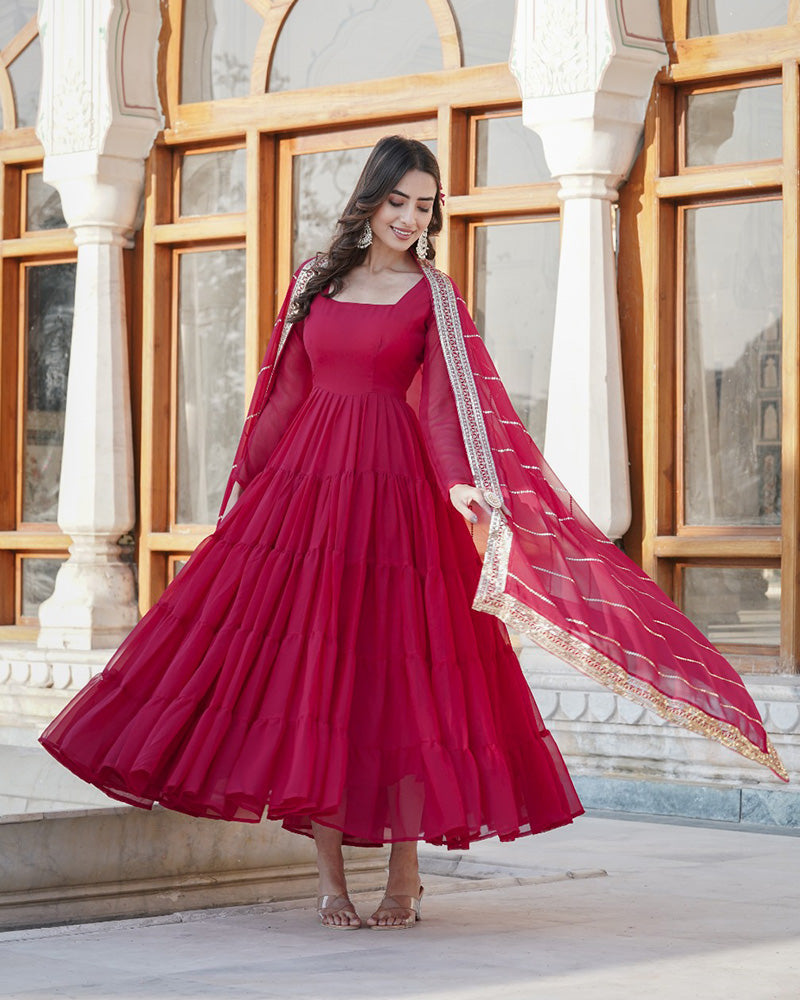 Rani Pink Color Five layer Georgette Anarkali Gown With Dupatta  - By Qivii