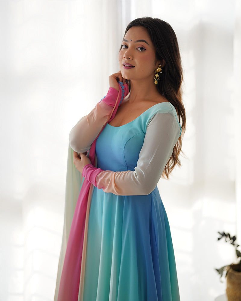 Beautiful Multi Color Georgette Three Piece Anarkali Suit  - By Qivii