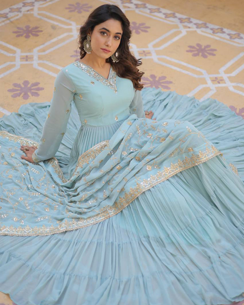 Sky Color Faux Georgette Designer Anarkali Gown With Dupatta  - By Qivii