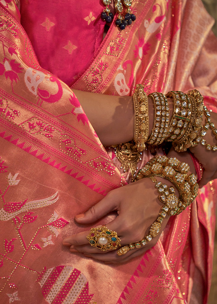 Beautiful Shades Of Pink Jacquard Woven Banarasi Silk Saree with Exquisite Stone Work Detailing