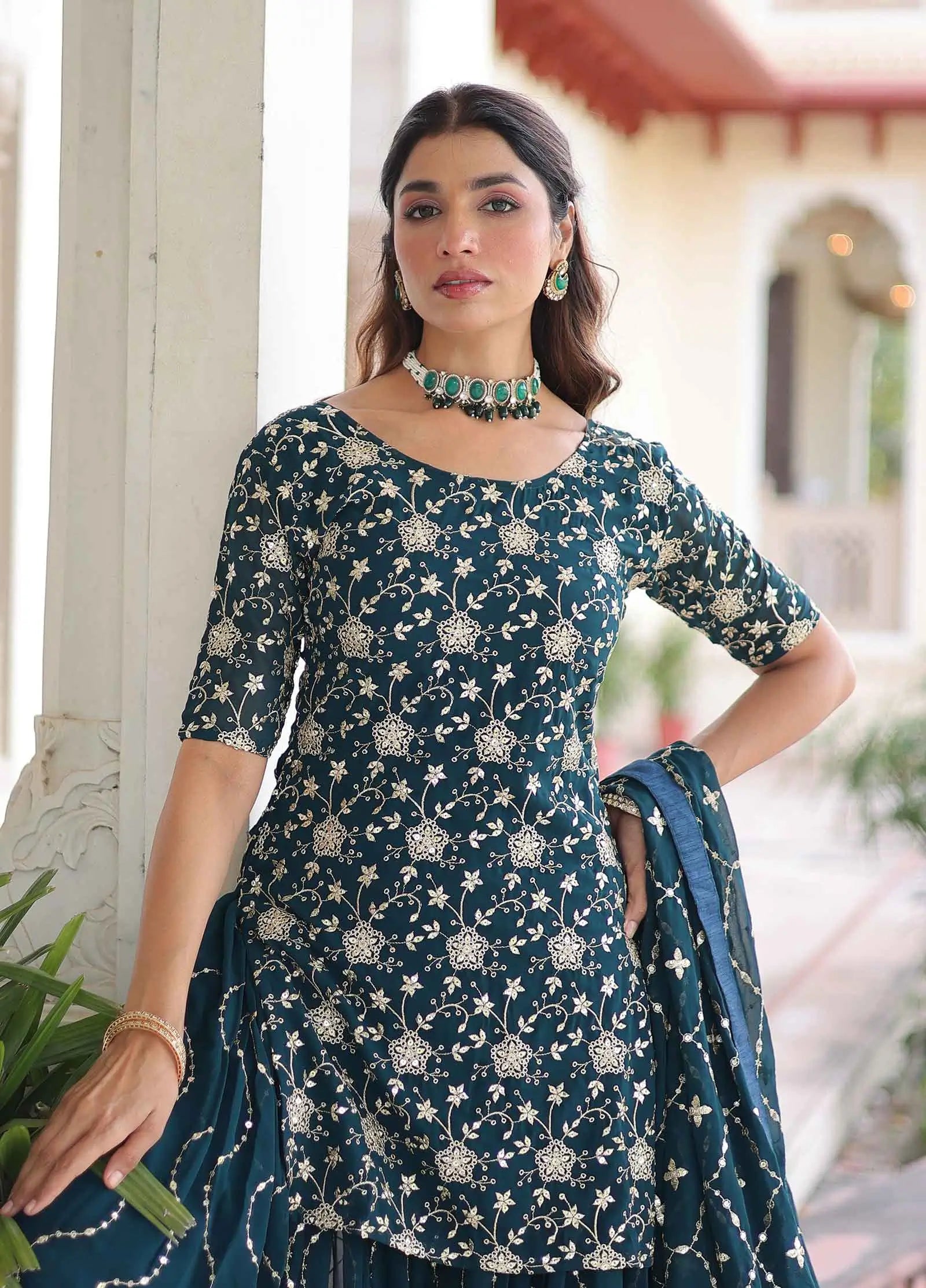 Dark Teal Georgette Embroidery Sharara Suit
