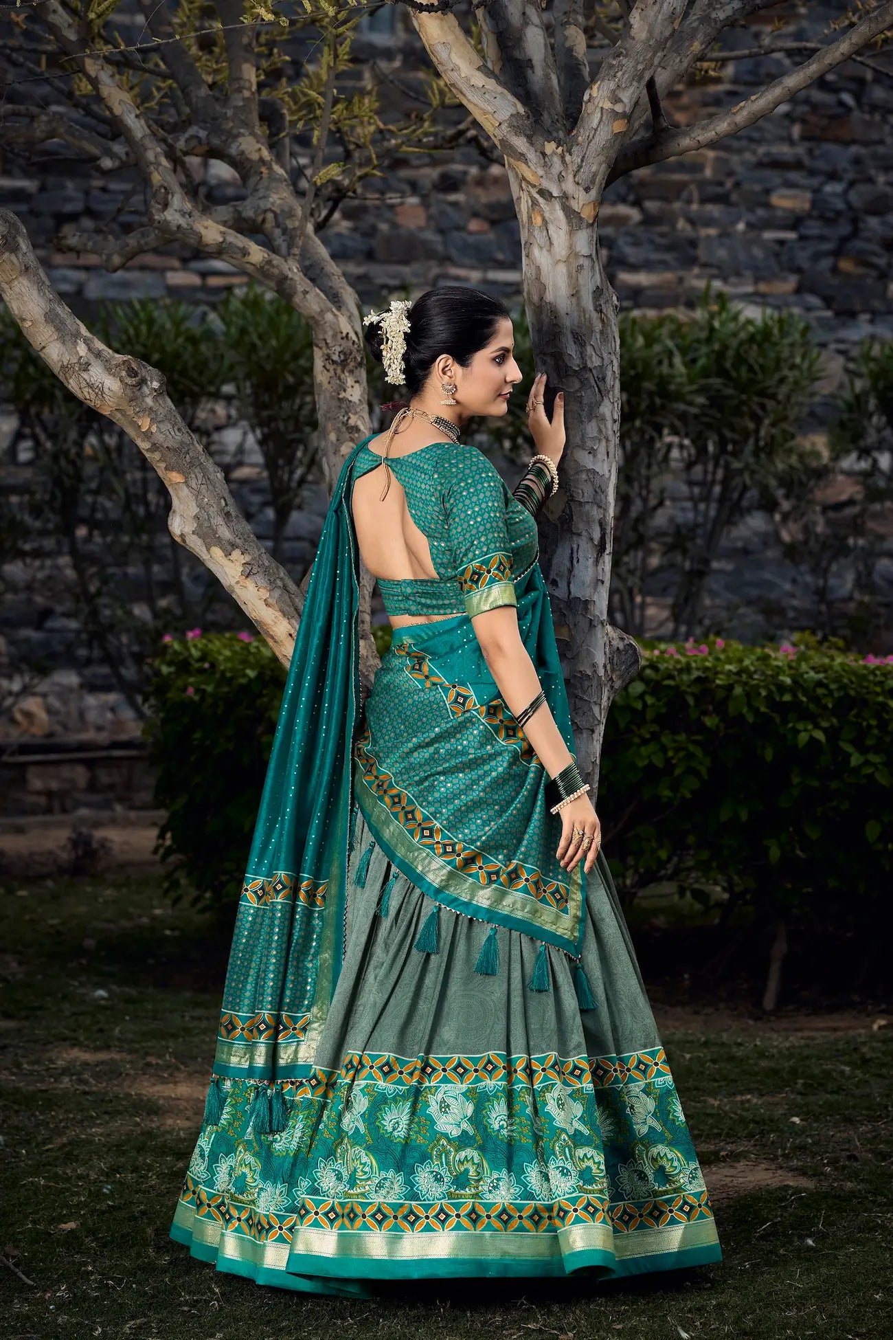 Sea Green Tussar Silk Floral Printed Lehenga Choli | Ready To Wear - qivii