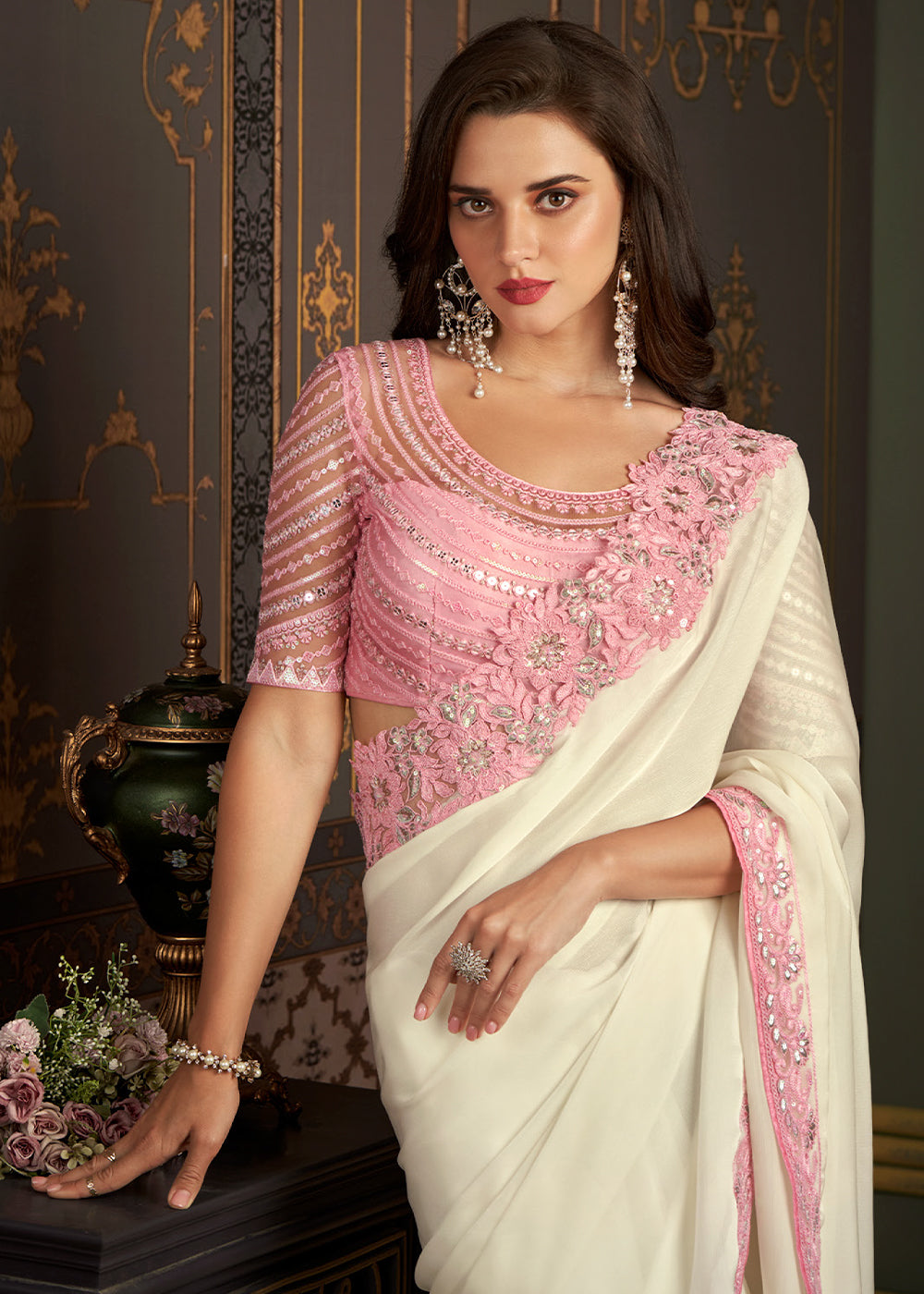 Pearl White Designer Embroidered Silk Saree