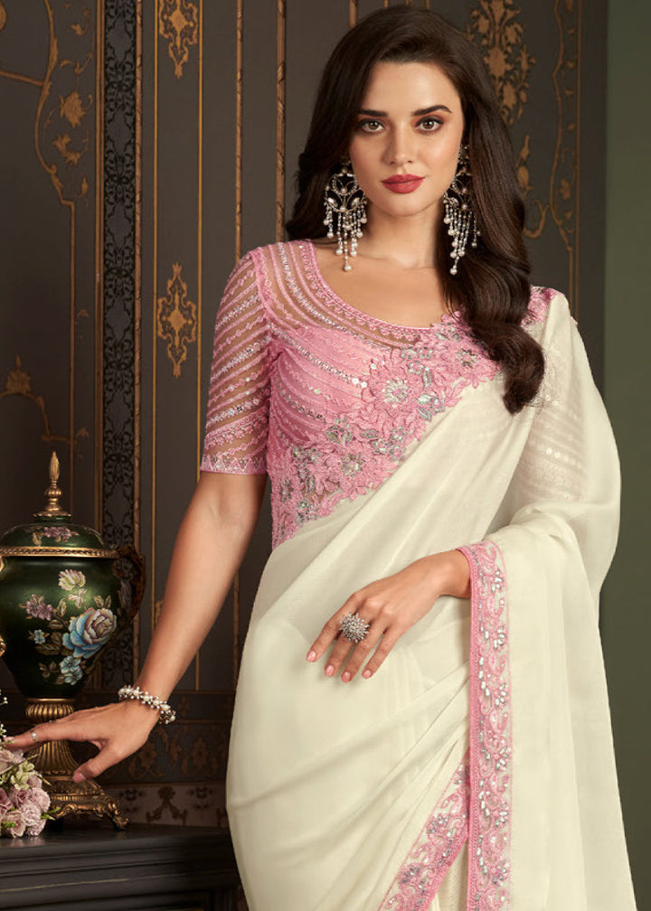 Pearl White Designer Embroidered Silk Saree