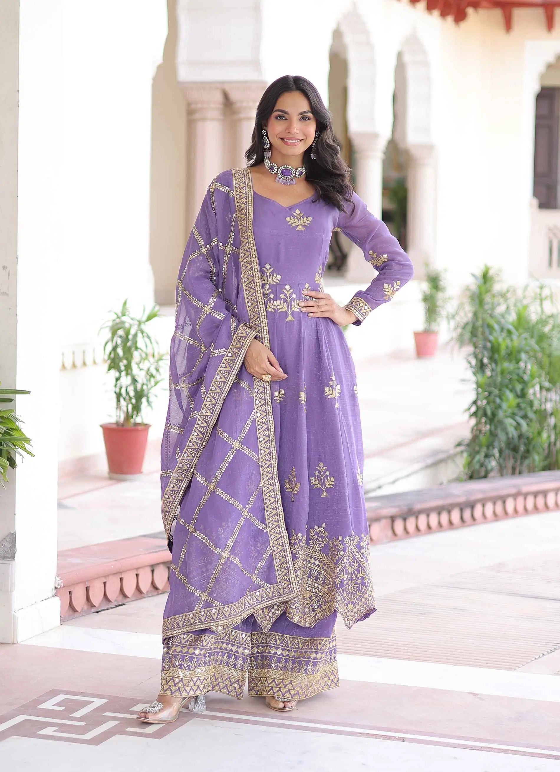 Lavender Sequins Embroidery Work Gown & Palazzo