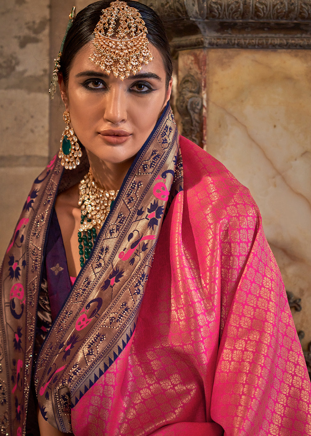 Deep Pink Jacquard Woven Banarasi Silk Saree with Stone Work