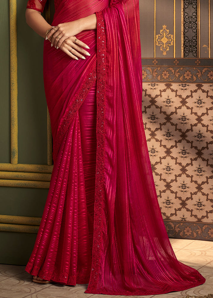 Shades Of Pink & Red Designer Embroidered Silk Saree