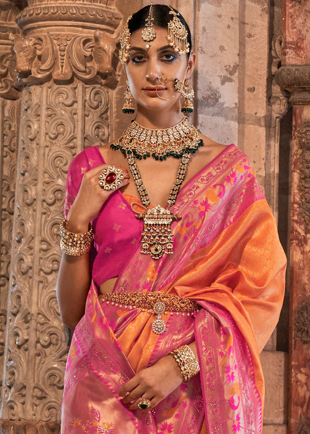 Orange & Pink Jacquard Woven Banarasi Silk Saree with Stone Work - qivii