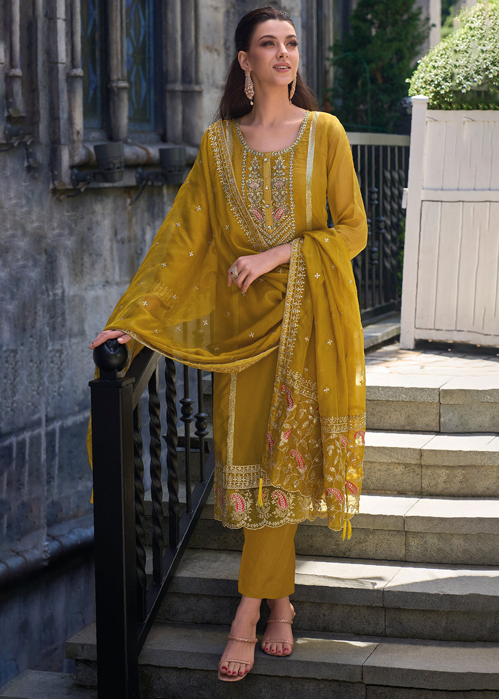 Mustard Yellow Organza Suit with Floral Embroidery work