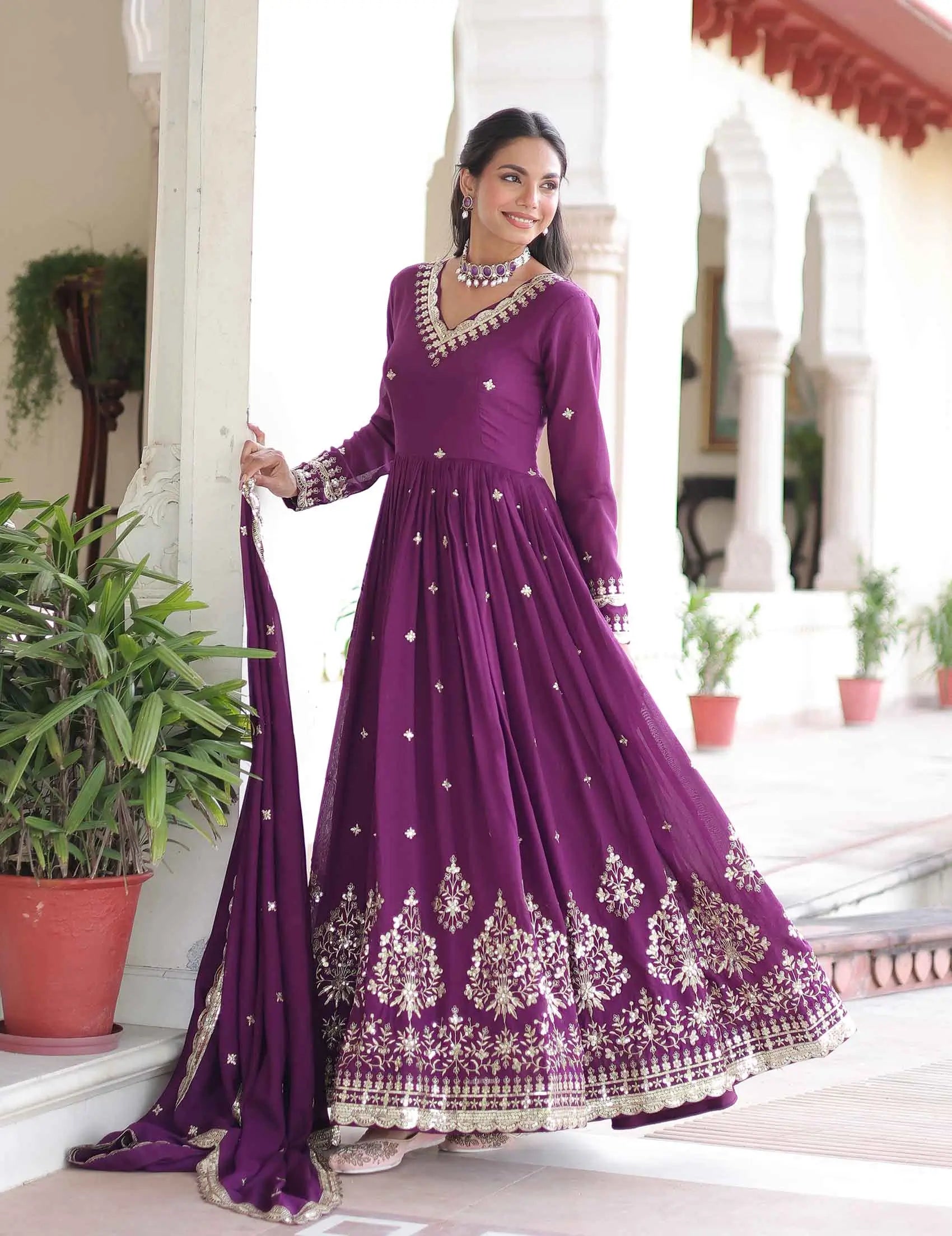 Dark Raspberry Embroidery Work Gown