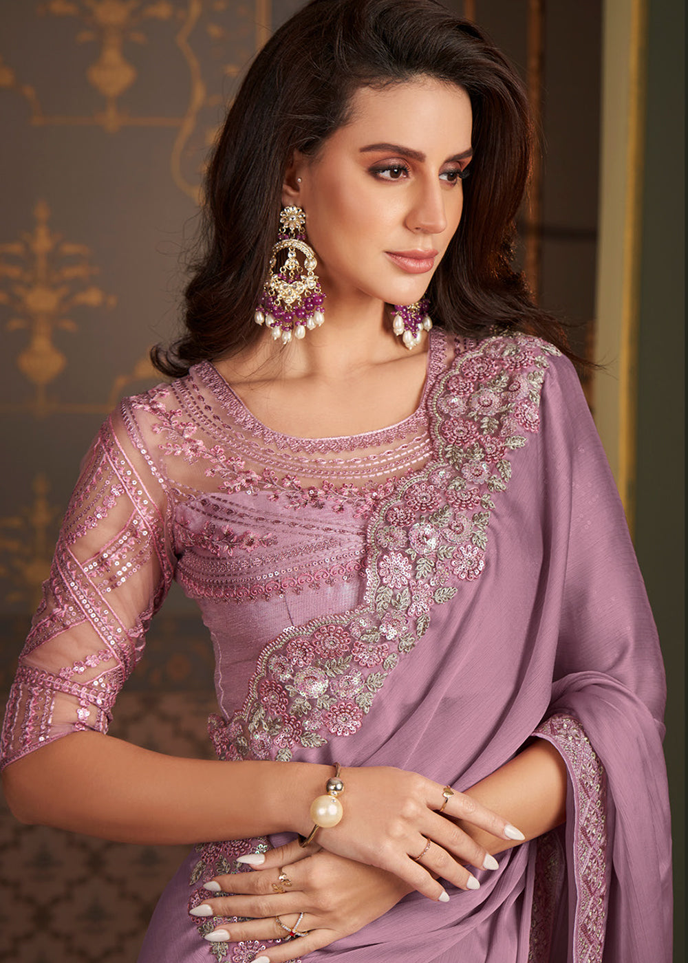 Mauve Purple Designer Embroidered Chiffon Silk Saree - qivii